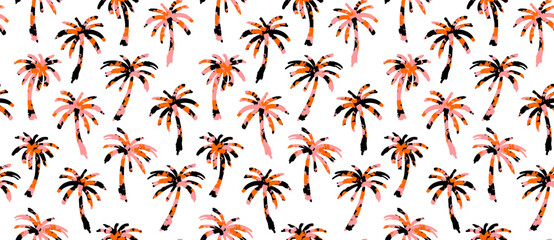 Palm Trees Seamless Vector Pattern. Orange-Black Tropical Trees Print on a White Background. Freehand Drawing-like Aloha Party Endless Design. Hand Drawn Palms Repeatable Motif. RGB Vibrant Colors.