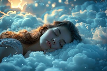 Wall Mural - A woman sleeping peacefully in the clouds.	