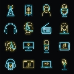 Poster - New podcast icons set. Outline set of new podcast vector icons neon color on black