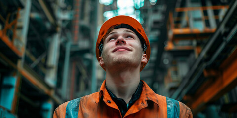 portrait of a young model man, 25 years old, in the engineer uniform, smile and haapy mood, looking up, framed by natural and factory