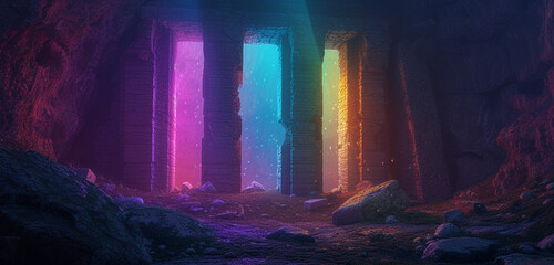 Sticker - A mysterious ancient ruin, lit by torches that cast a spectrum of amoled lights against the dark stones, explored in rich 3D, 8K resolution