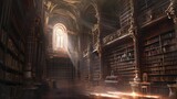 Fototapeta Londyn - An ancient library filled with magical books, glowing orbs, and mystical artifacts. Shelves reach up to a high, vaulted ceiling, with soft light filtering through stained glass windows. Resplendent.