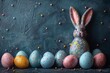 Happy Easter Eggs easter egg hunt cleanup. Bunny hopping in flower gladiolus decoration. Adorable hare 3d gospel rabbit illustration. Holy week easter decorations card rose shadow