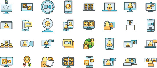 Poster - Video call app icons set. Outline set of video call app vector icons thin line color flat on white