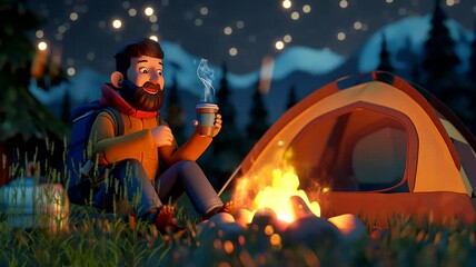 3d illustration of person in the woods at camp day. Seamless looping time-lapse 4k video animation background