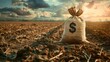 Compelling image of a dollar money bag against a backdrop of a farm field