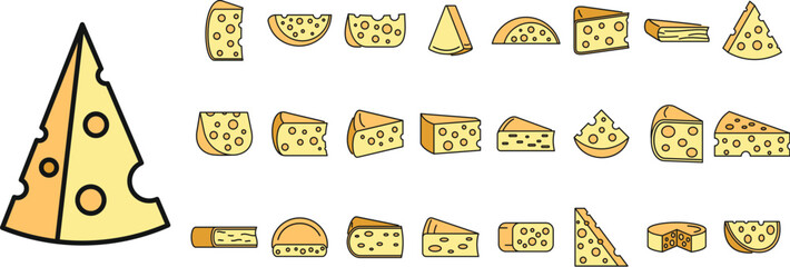 Poster - Cheese product icons set. Outline set of cheese product vector icons thin line color flat on white