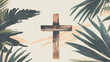 Wooden cross standing next to green palm branch on beige background. Christianity symbol of Easter, Palm Sunday, Good Friday, Holy Thursday. Religion illustration concept