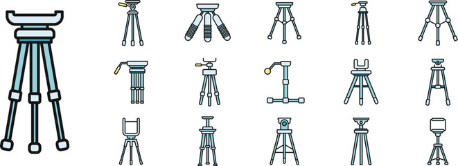 Poster - tripod support icons set. outline set of tripod support vector icons thin line color flat on white