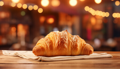 croissant on the table against a blurred bakery background. 