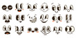 © Bulgakova Kristina - Set of 70s groovy comic faces vector. Collection of cartoon character faces, in different emotions, happy, angry, sad, cheerful. Cute retro groovy hippie illustration for decorative, sticker