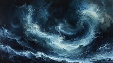 An Abstract Portrayal Of A Stormy Sea, Where Turbulent Waves Are Represented By Swirling, Dynamic Brushstrokes. 