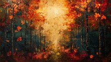 An Abstract Representation Of A Forest In Autumn, Where Dappled Light And Shadow Create A Mosaic Of Warm Colors. Oil Artwork. 
