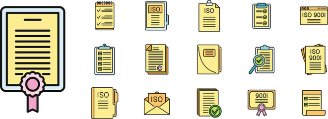 Poster - certified standard icons set outline vector. iso certificate. work quality document