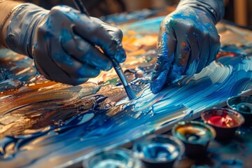 Poster - A passionate artist carefully cuts through a sea of blue paint, bringing their canvas to life with captivating strokes of art