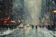 © Larisa AI - A bustling winter night in the city, where nature's precipitation meets the glow of streetlights, umbrellas dotting the snow-covered street as people navigate through the rain