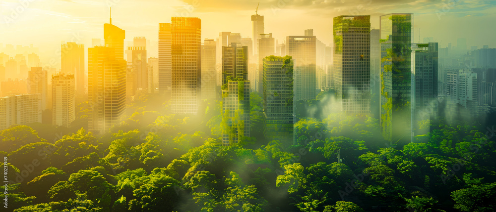 Sustainable cityscape with eco-friendly skyscrapers, integrating green ...