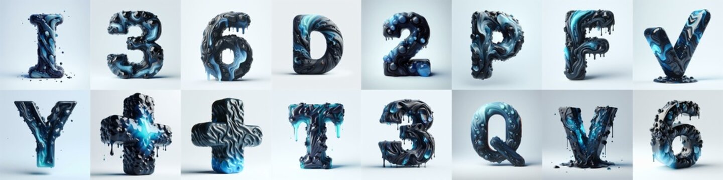 Obsidian and Blue glass 3D Lettering Typeface. AI generated illustration