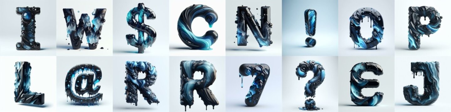 Obsidian and Blue glass 3D Lettering Typeface. AI generated illustration