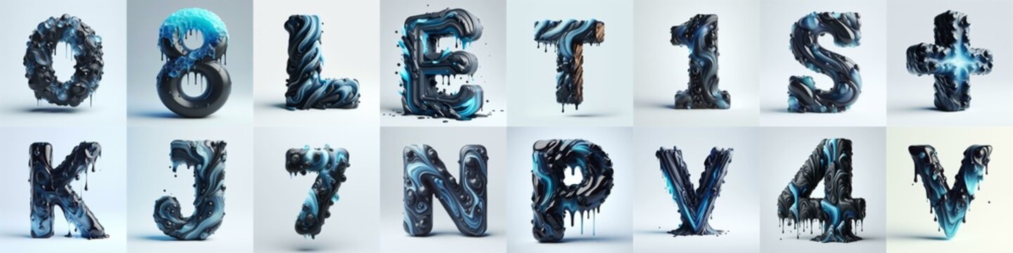 Obsidian and Blue glass 3D Lettering Typeface. AI generated illustration