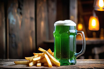 Green beer with French fries on wooden table on background of a pub. Beer is traditionally served on St. Patrick's day. Lager mixed with extract from herbs.