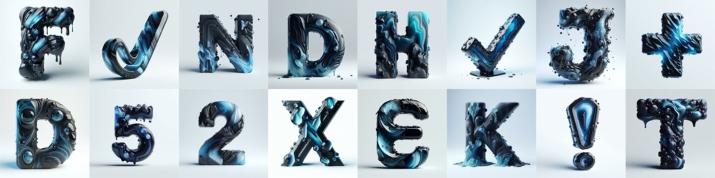 Obsidian and Blue glass 3D Lettering Typeface. AI generated illustration