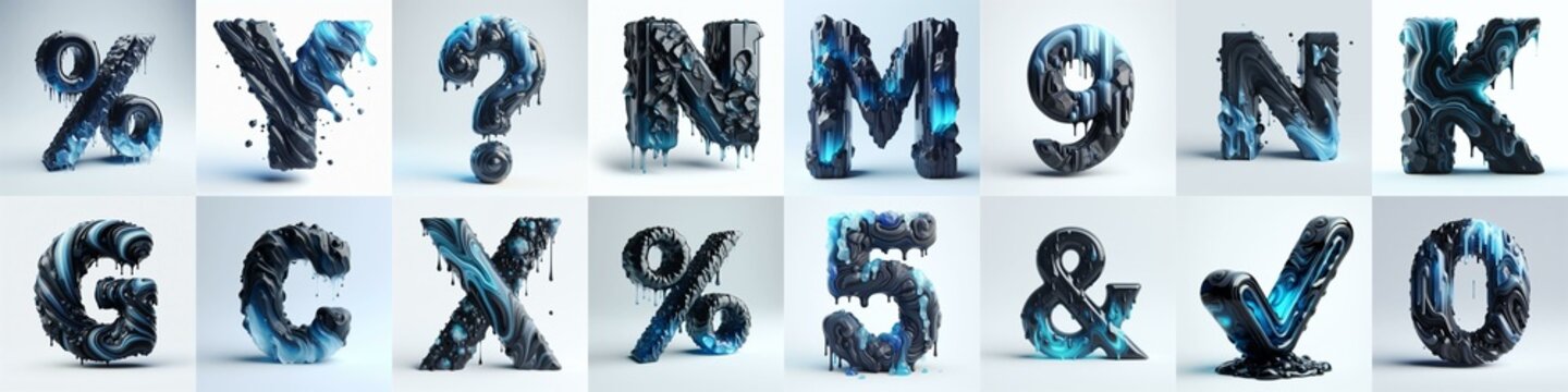 Obsidian and Blue glass 3D Lettering Typeface. AI generated illustration