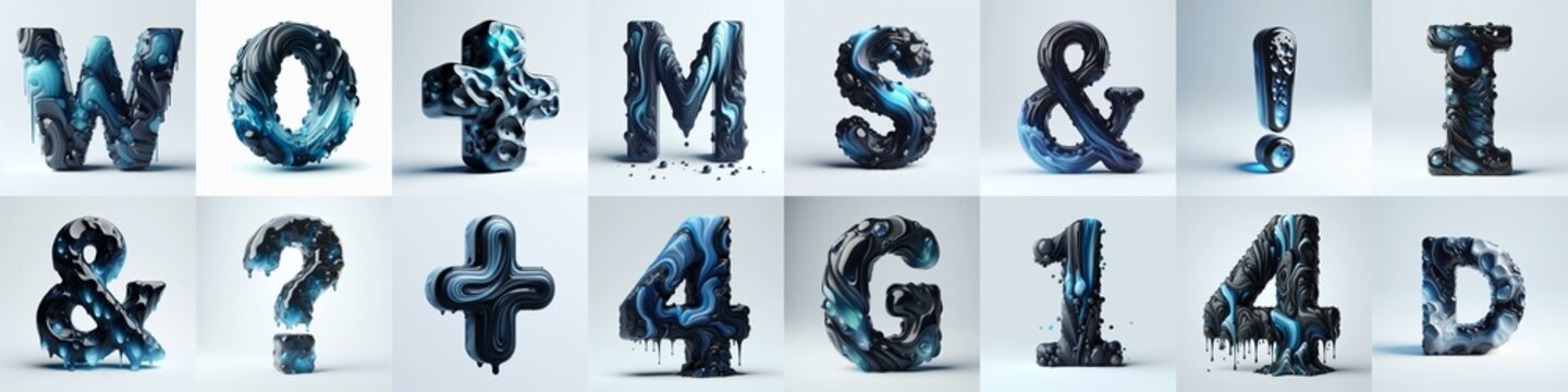 Obsidian and Blue glass 3D Lettering Typeface. AI generated illustration