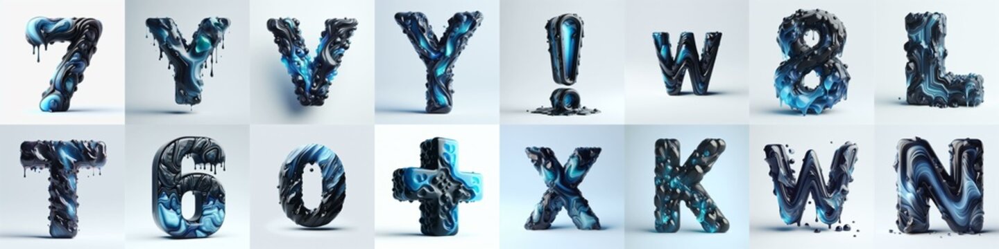 Obsidian and Blue glass 3D Lettering Typeface. AI generated illustration