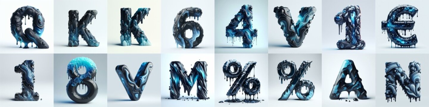 Obsidian and Blue glass 3D Lettering Typeface. AI generated illustration