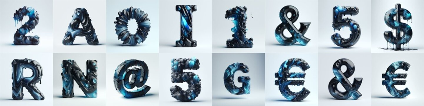 Obsidian and Blue glass 3D Lettering Typeface. AI generated illustration