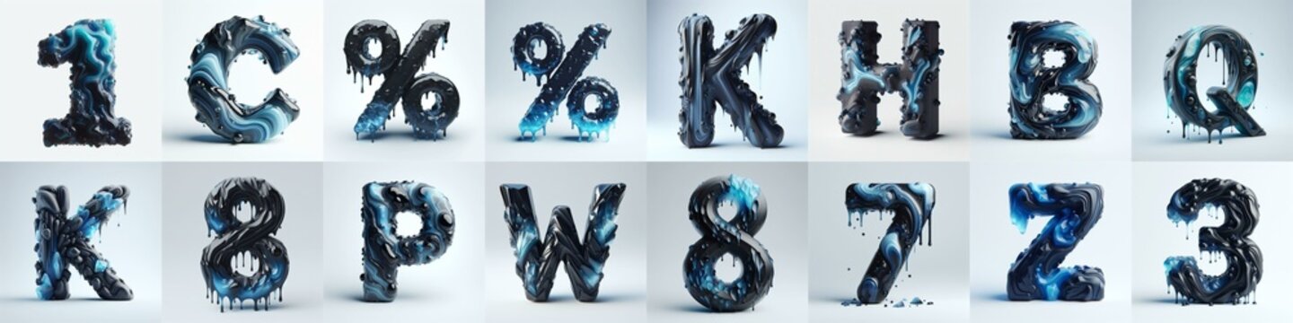 Obsidian and Blue glass 3D Lettering Typeface. AI generated illustration