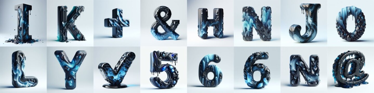 Obsidian and Blue glass 3D Lettering Typeface. AI generated illustration