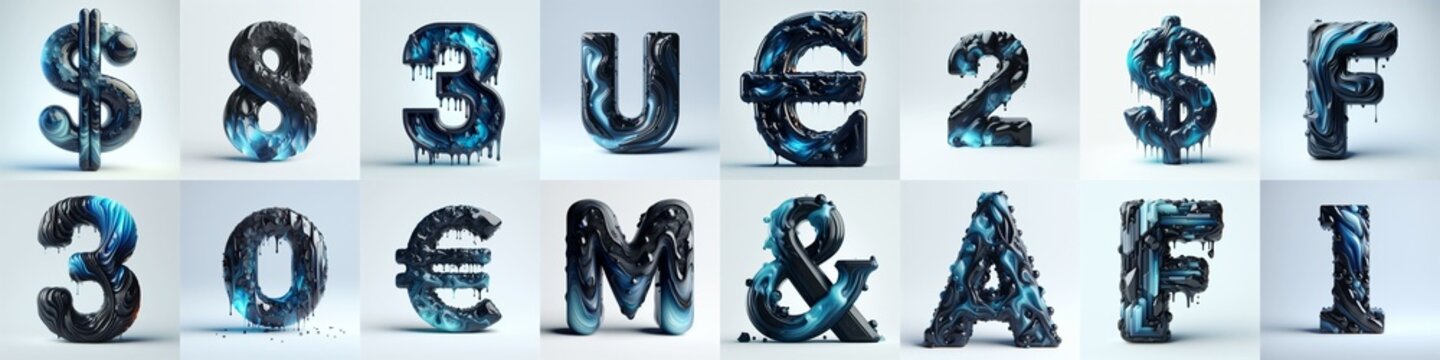 Obsidian and Blue glass 3D Lettering Typeface. AI generated illustration