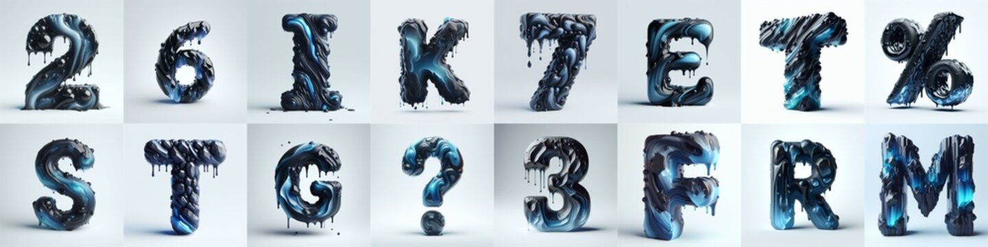 Obsidian and Blue glass 3D Lettering Typeface. AI generated illustration