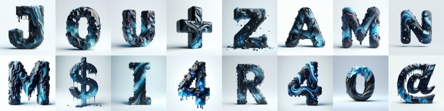 Obsidian and Blue glass 3D Lettering Typeface. AI generated illustration