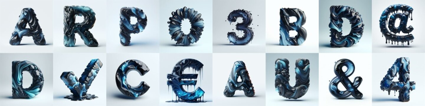 Obsidian and Blue glass 3D Lettering Typeface. AI generated illustration