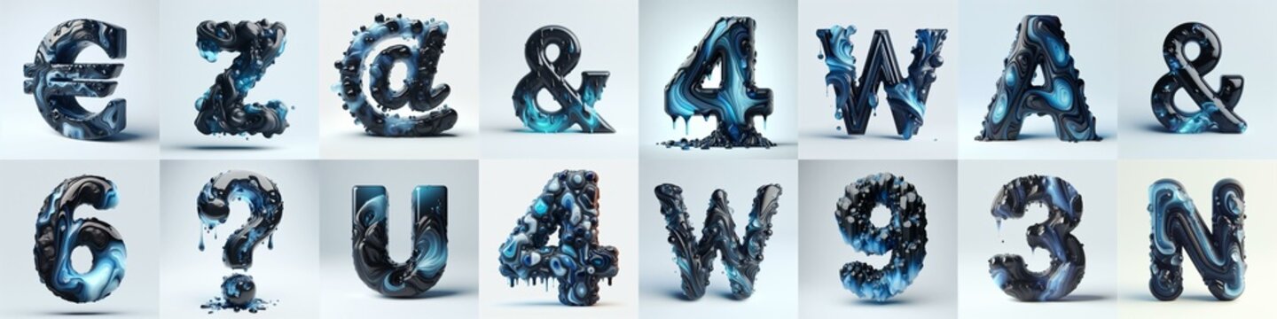 Obsidian and Blue glass 3D Lettering Typeface. AI generated illustration