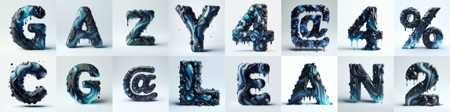 Obsidian and Blue glass 3D Lettering Typeface. AI generated illustration