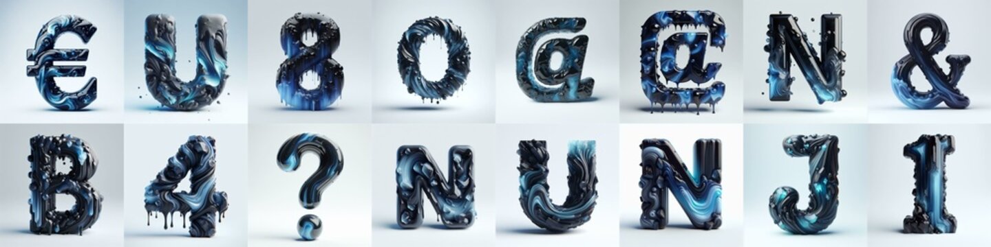 Obsidian and Blue glass 3D Lettering Typeface. AI generated illustration