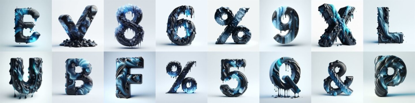 Obsidian and Blue glass 3D Lettering Typeface. AI generated illustration