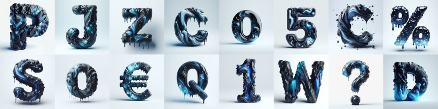 Obsidian and Blue glass 3D Lettering Typeface. AI generated illustration