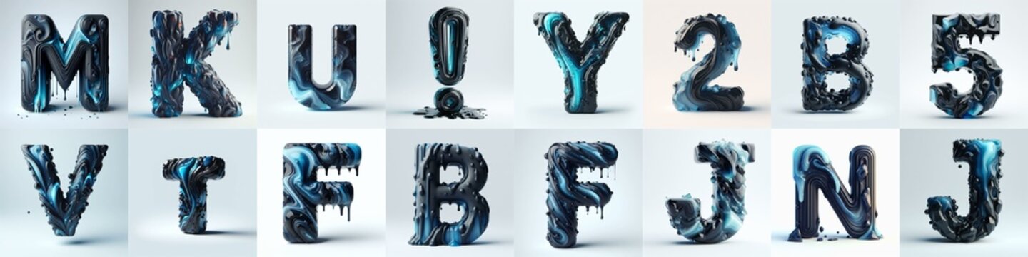 Obsidian and Blue glass 3D Lettering Typeface. AI generated illustration