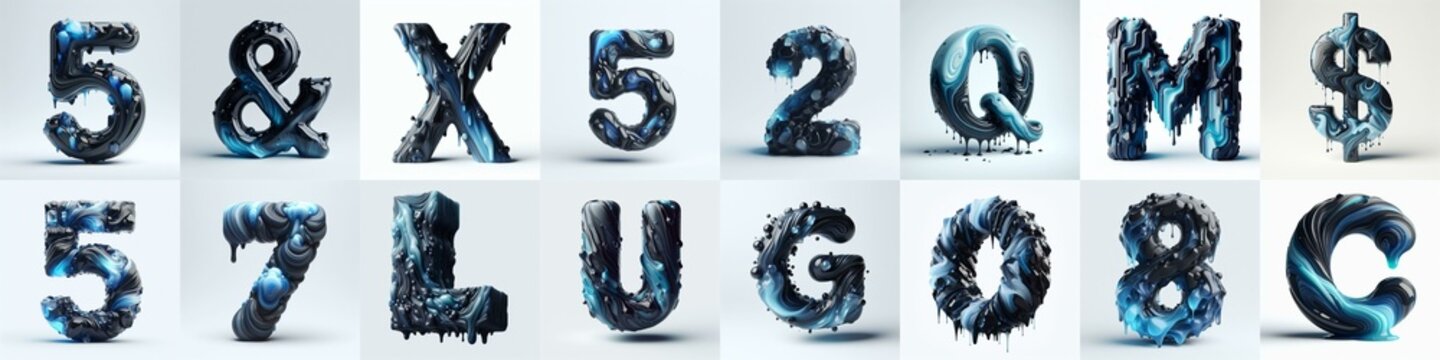 Obsidian and Blue glass 3D Lettering Typeface. AI generated illustration