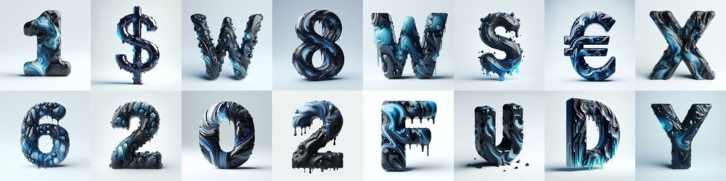 Obsidian and Blue glass 3D Lettering Typeface. AI generated illustration