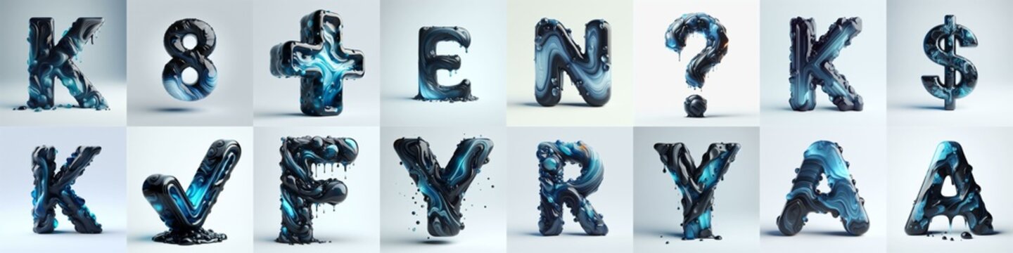 Obsidian and Blue glass 3D Lettering Typeface. AI generated illustration