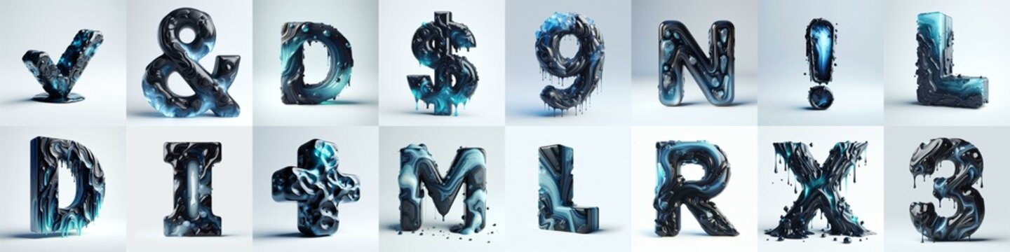 Obsidian and Blue glass 3D Lettering Typeface. AI generated illustration