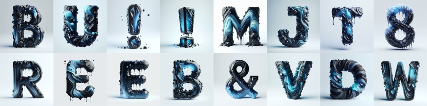 Obsidian and Blue glass 3D Lettering Typeface. AI generated illustration