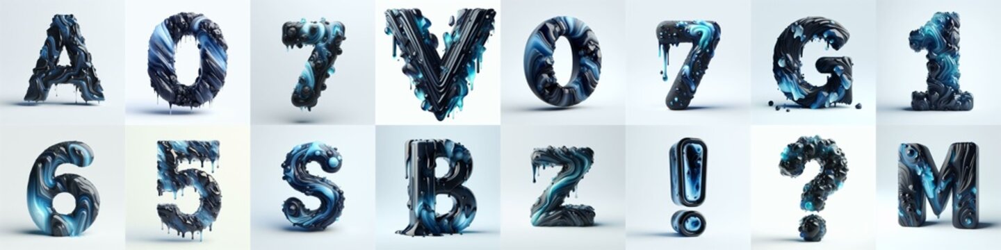 Obsidian and Blue glass 3D Lettering Typeface. AI generated illustration