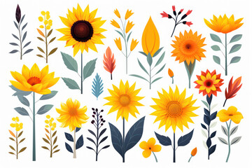 Wall Mural - Nature's Floral Illustration: A Vibrant Summer Bouquet of Yellow Sunflowers and Blooming Flowers in a Garden